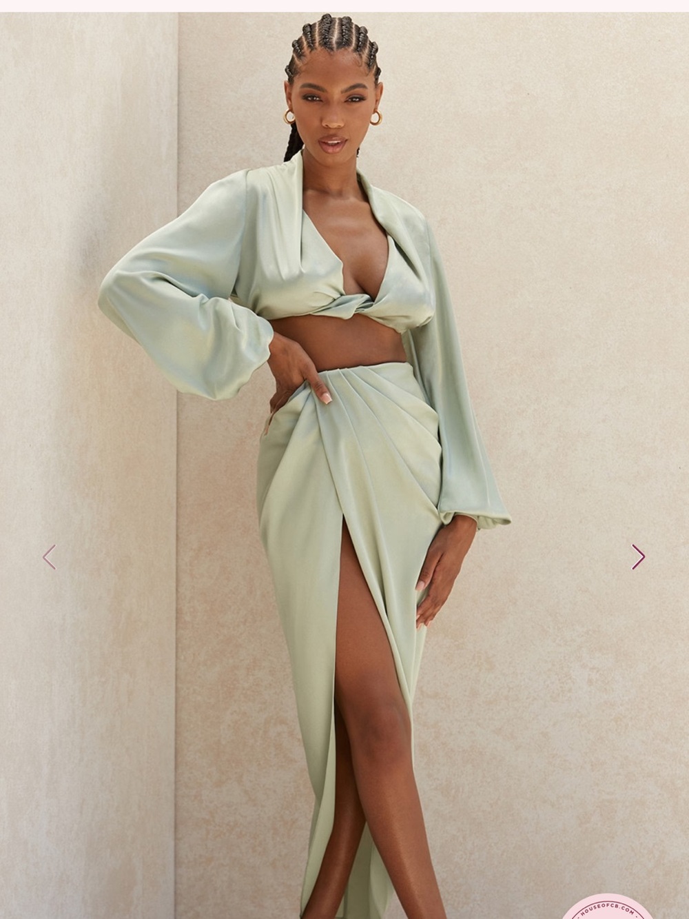 House of CB Sage Green Satin Two-Piece Dress Set